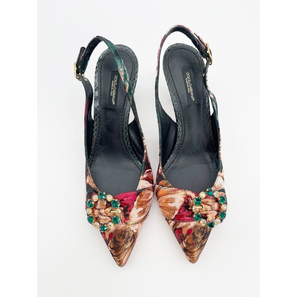 Dolce & Gabbana Floral Brocade Crystal Pointed Toe Slingback Heels IT 37 - Picture 6 of 13